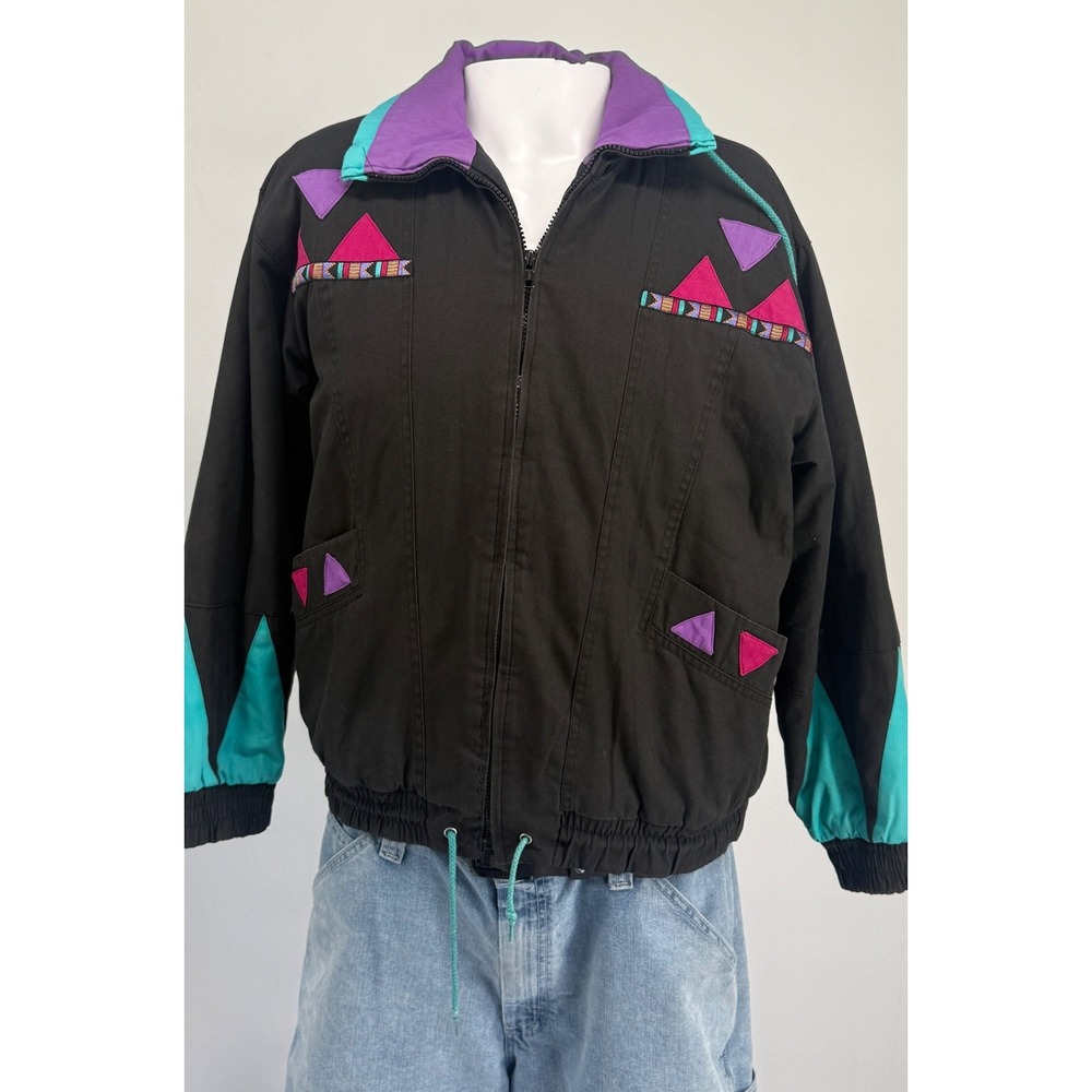 Vintage Current Seen 90s Bomber Jacket Black Geometric Purple Teal Pink Mens M